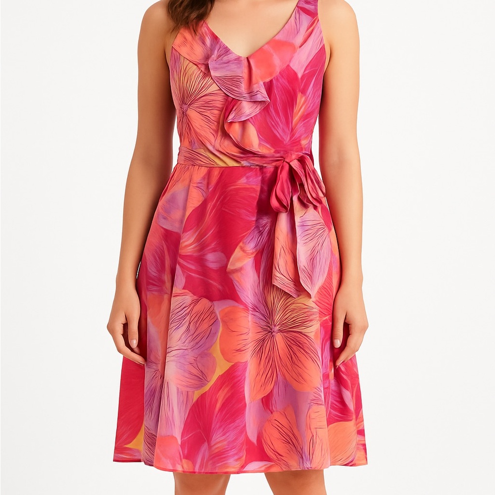 Signature by Robbie Bee Pink and Orange Floral Midi Dress